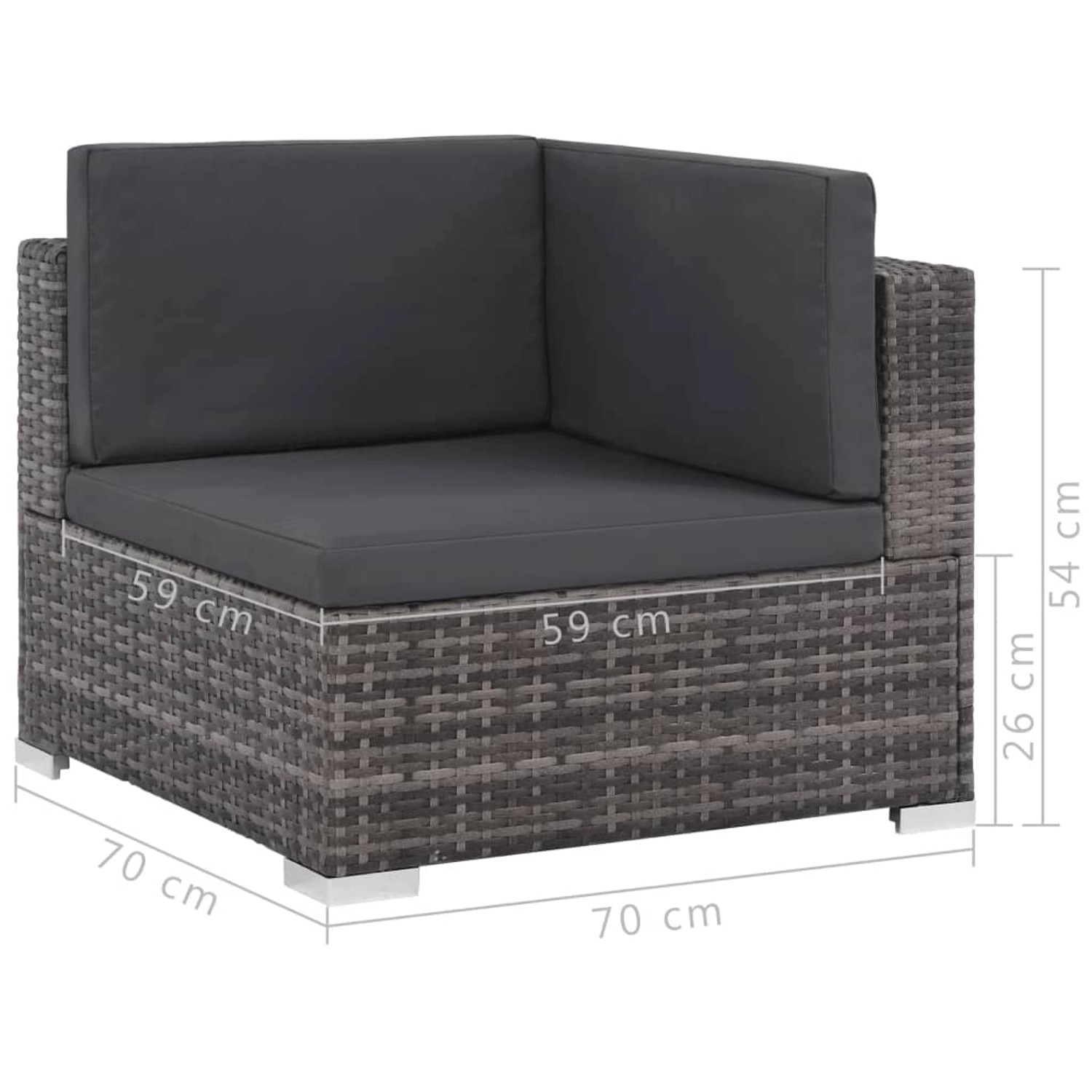 Graues vidaXL Garten Lounge Set aus Rattan mit Auflagen, Eckteil mit Maßen.