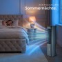 Tectake Luftkühler Alaska im Schlafzimmer mit schlafender Person im Bett.