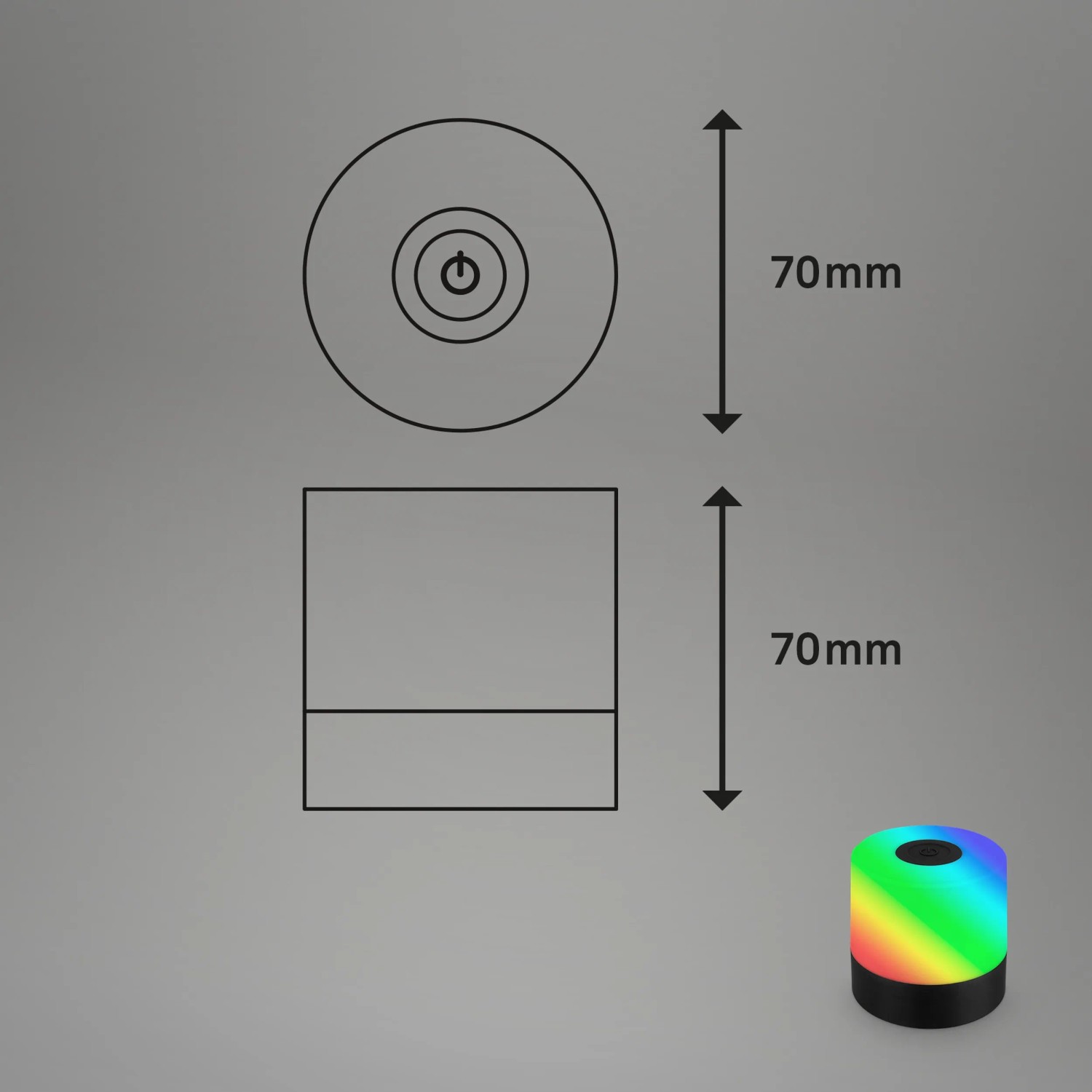 Produktzeichnung der Brilo Akku-Tischleuchte Smal Schwarz RGB mit Maßangaben 70x70mm.