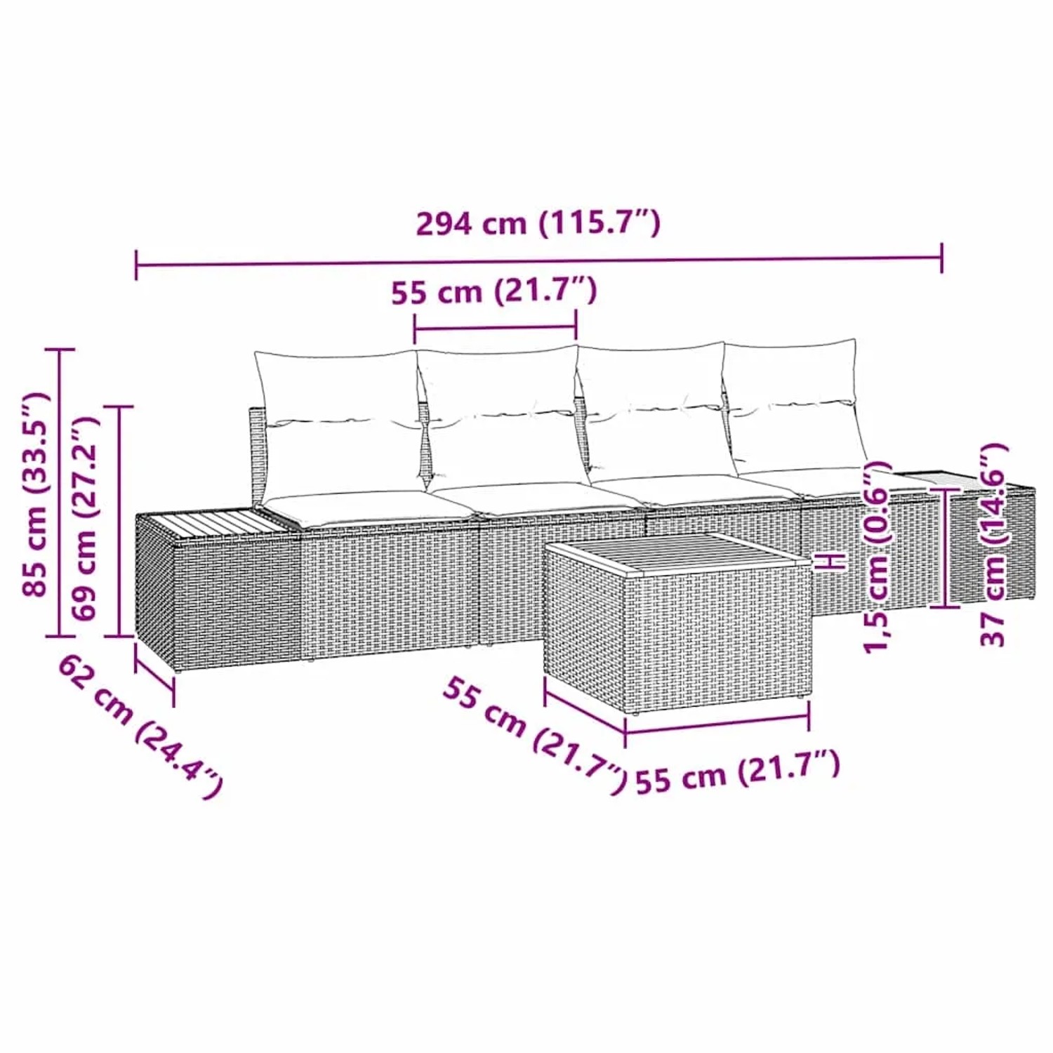 vidaXL Garten-Sofa-Set 5-tlg grau Poly Rattan mit Maßen, ideal für Terrasse und Garten.