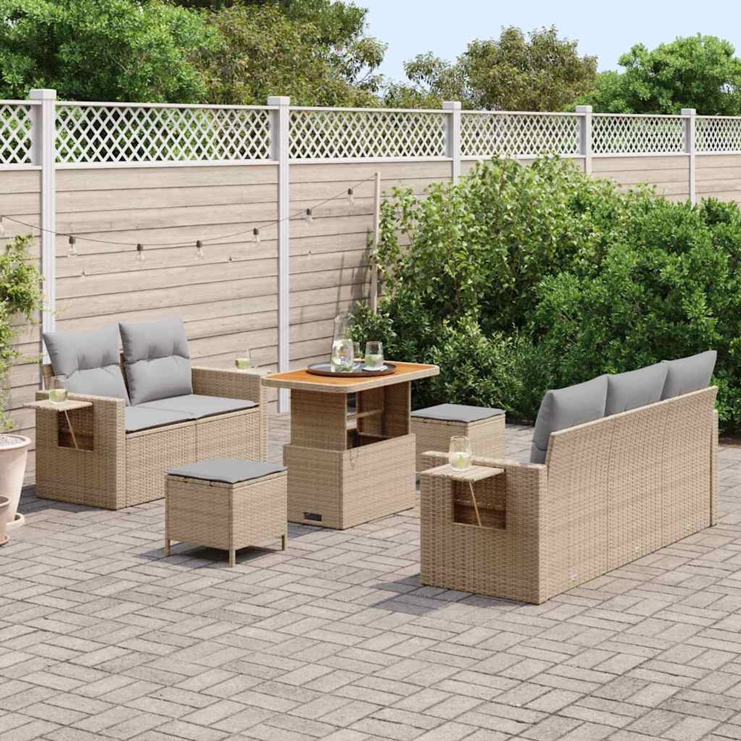 Beiges 8-teiliges Garten-Sofa-Set aus Poly Rattan von vidaXL mit Tisch und Hockern für Terrasse und Garten.