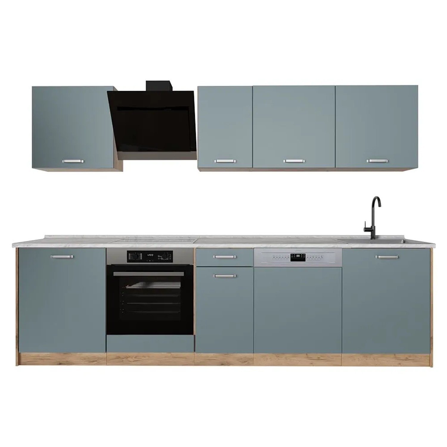 Vicco Küchenzeile R-Line Blau-Grau/Goldkraft Eiche 280 x 207 Arbeitsplatte Marmor Art Nr 67171