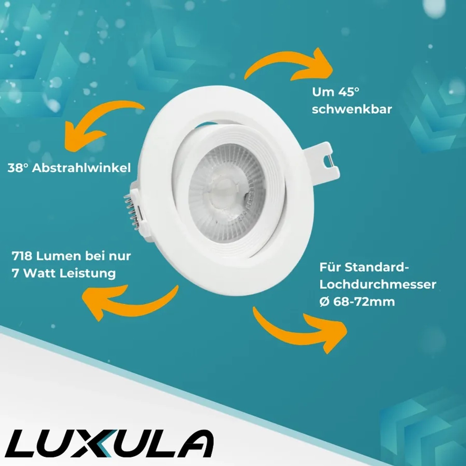 LUXULA LED Downlight Einbauspot, schwenkbar, 7W, 718lm, IP44, Weiß. Ideal für Bad & Feuchträume.