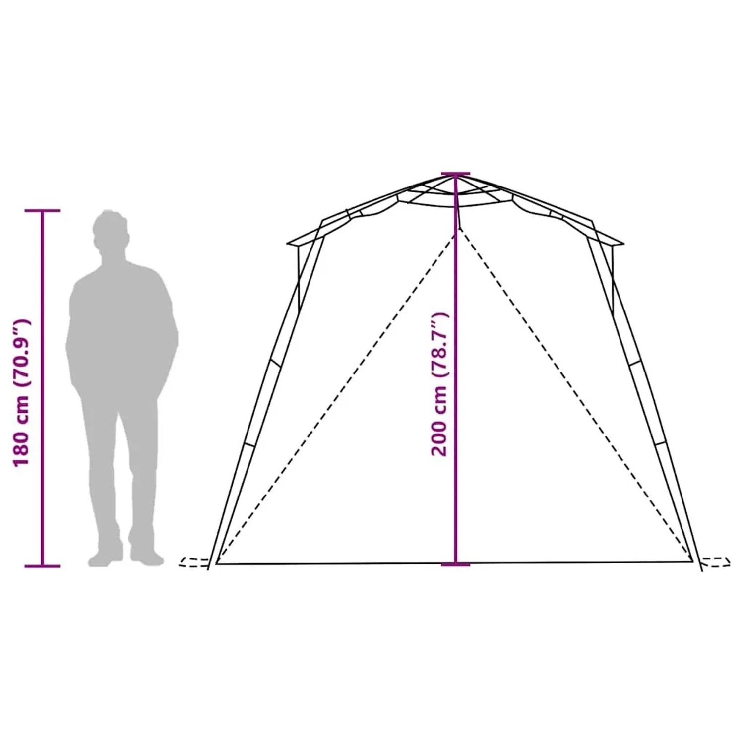 Abbildung des vidaXL Strandzeltes für 4 Personen mit Maßangaben.