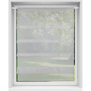 Graue Bestlivings Bistrogardine mit Raffoptik und Stangendurchzug am Fenster.