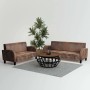 Braunes 2- und 3-Sitzer Sofa-Set in Wildleder-Optik. Kunstleder Ledersofas mit Tisch und Pflanze.