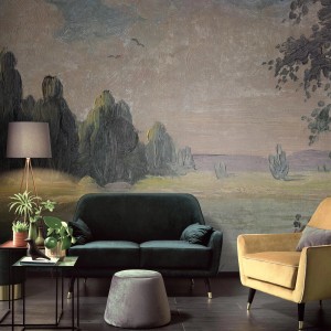 Grüne Bricoflor Fototapete im Gemälde-Stil mit Landschafts-Motiv im Esszimmer.