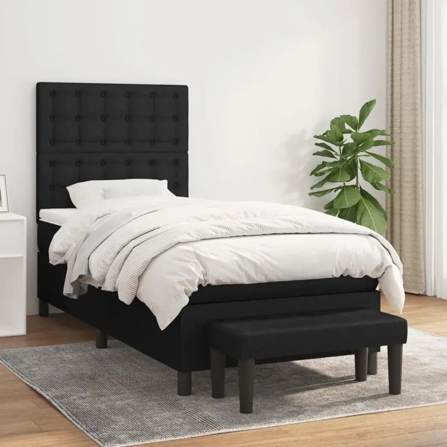 Schwarzes vidaXL Boxspringbett (80x200 cm) mit Matratze und Bank, Stoffbezug.