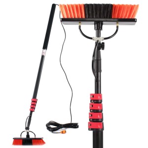 Xpotool Waschbürste mit 9m Teleskopstiel, Wasserzufuhr. Schwarzer Stiel, rote Klemmen, orange-schwarzer Bürstenkopf für Fenster & Solar.