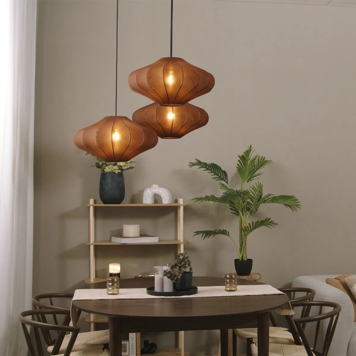 QAZQA Japandi Hängelampe Braun 50cm 3 Flammig Plu