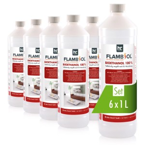 6 Flaschen Flambiol Bioethanol, hochrein, je 1 Liter, für Edelstahl-Tischkamine.