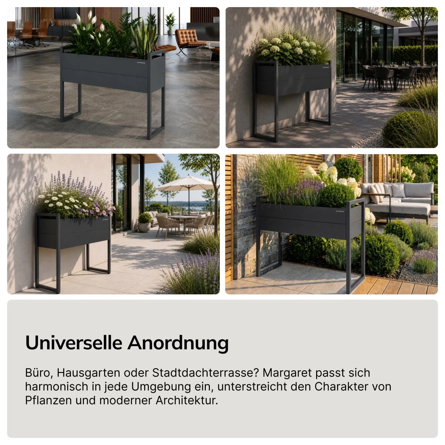 Hoher anthrazitfarbener Metall-Blumenkübel MARGARET H mit Pflanzen in verschiedenen Umgebungen.