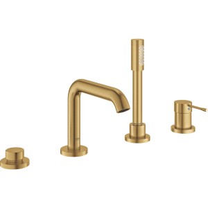 Grohe Essence 4-Loch Wannenarmatur in gebürstetem Goldton (Cool Sunrise) mit Handbrause.