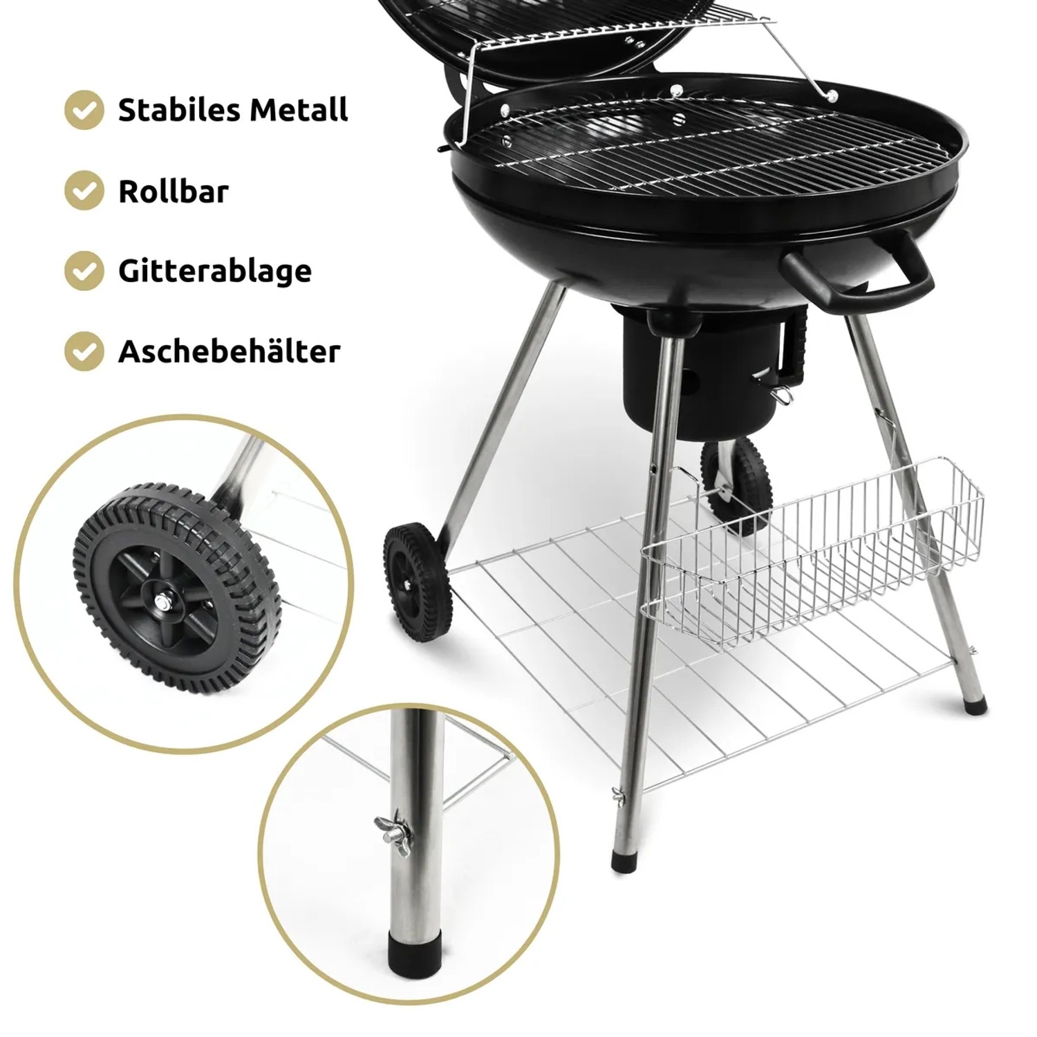 deluxe4home Kugelgrill mit Ablage, Holzkohlegrill mit Rädern und Aschebehälter.