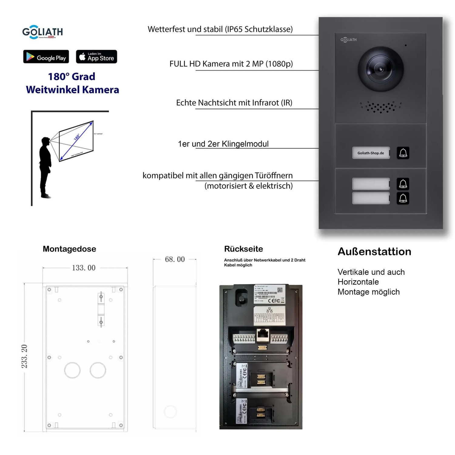 Goliath IP Video Türsprechanlage für 3 Familien in Anthrazit: Außenstation, Montage, Rückseite, Schema.