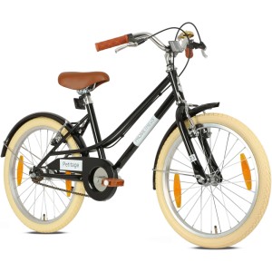 Schwarzes PROMETHEUS Kinderfahrrad 20 Zoll im Retro-Look mit Felgenbremse und Ständer.