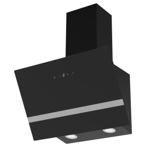 Schwarze Respekta Kopffreihaube 60 cm mit schräger Glasfront, Touch-Bedienung, silbernem Zierstreifen und LED-Lichtern.