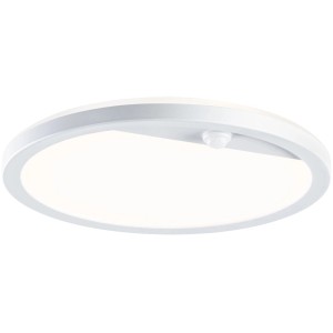Weiße, runde Paulmann LED-Außendeckenleuchte Lamina mit Bewegungssensor.
