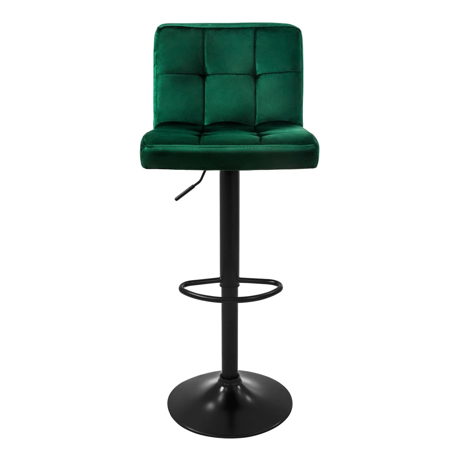 Grüner ML-Design Barhocker mit Samtbezug, Rückenlehne und schwarzem Metallfuß.