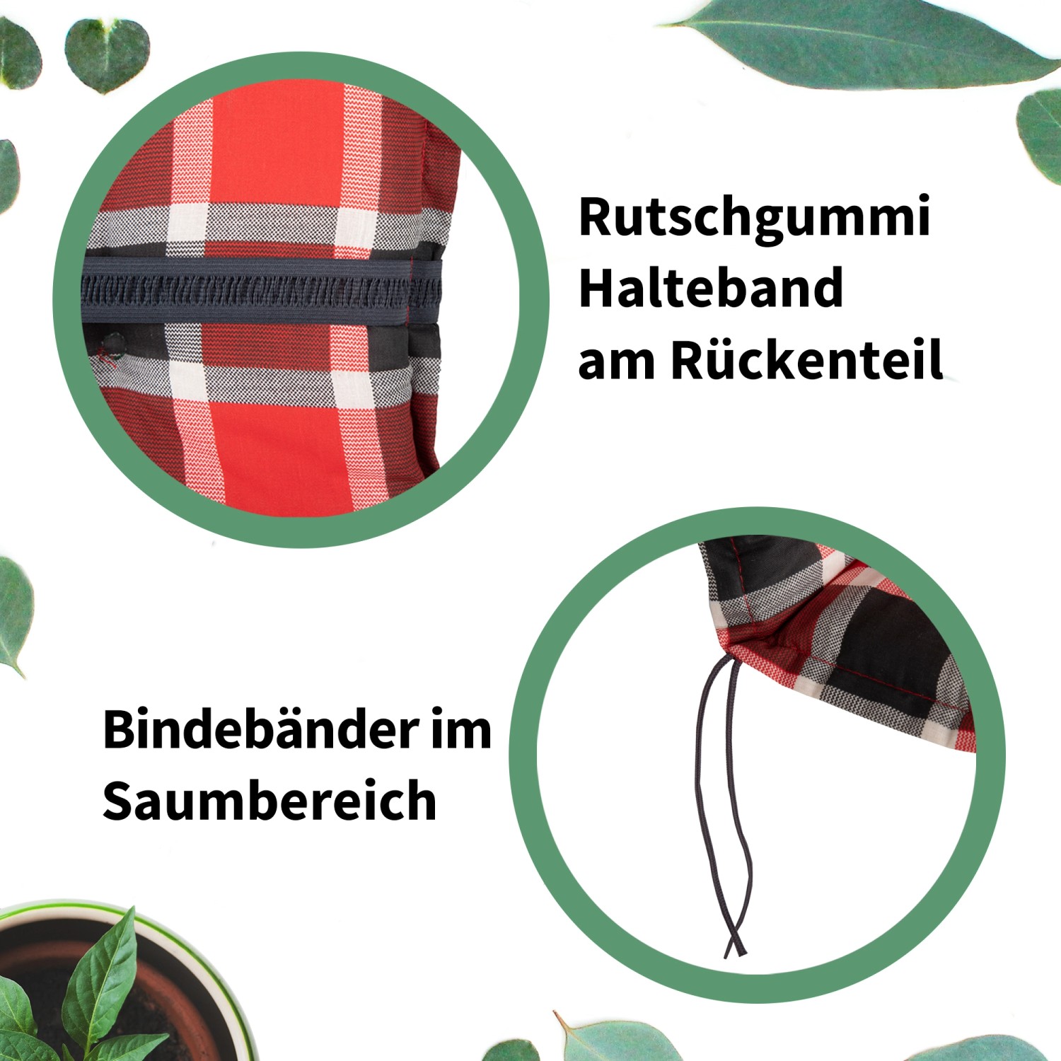 Details der Saumauflage Bregenz Grau mit Blümchen: Gummiband, Halteband und Bindebänder.