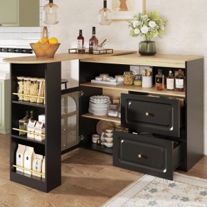Merax 360° Drehbarer Bartisch  2 Schubladen  Snackregal  Ablagefach  Glas  Schwarz