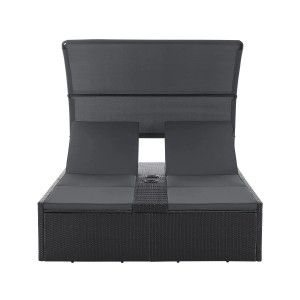 Schwarze Juskys Doppelliege Syros mit Dach, Polyrattan Sonnenliege für 2 Personen.