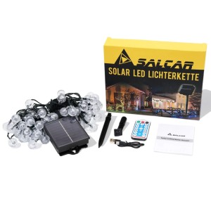 Salcar Solar LED Lichterkette 15M, 60 kaltweiße LEDs, mit Fernbedienung, Solarpanel und Zubehör. Weihnachtsbeleuchtung.