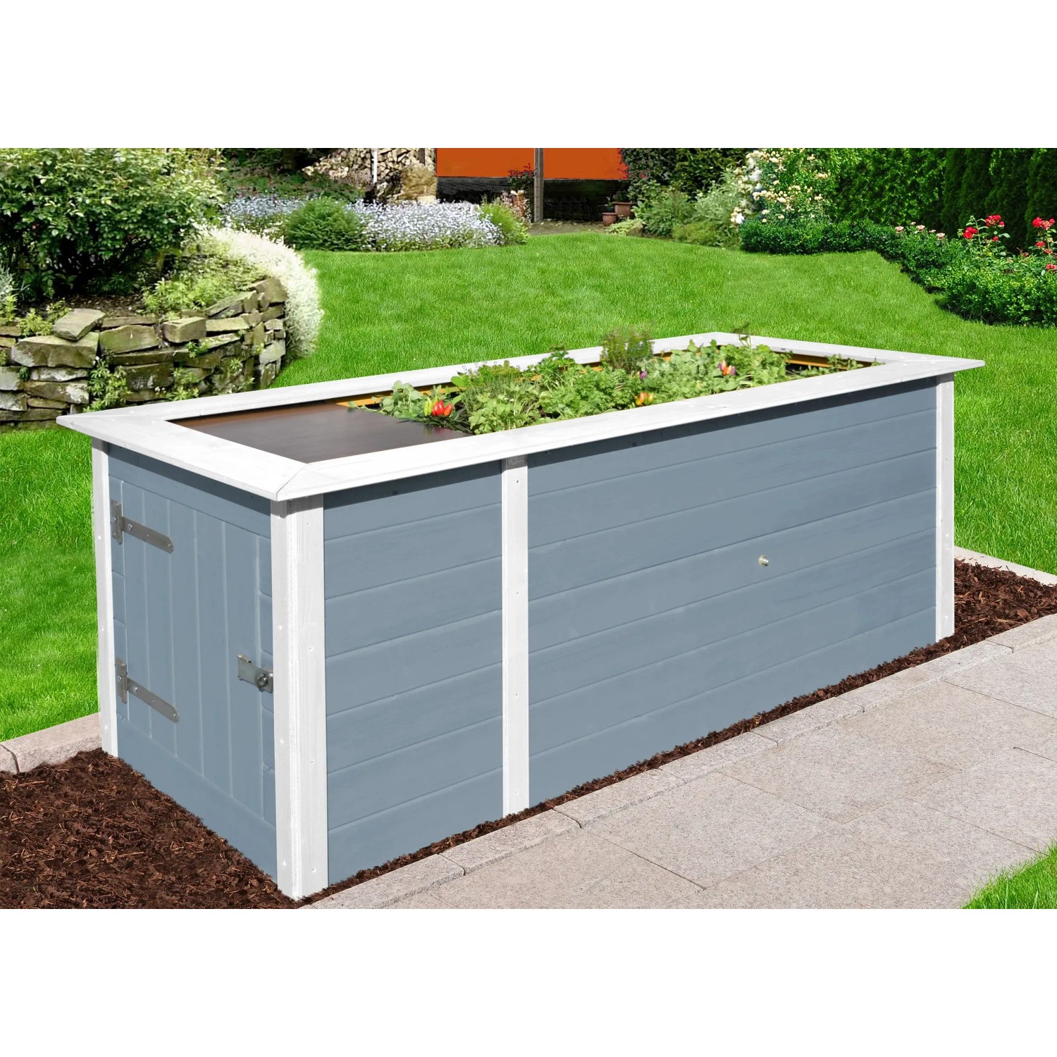 Graues Weka Hochbeet mit Schrank und Bepflanzung im Garten.