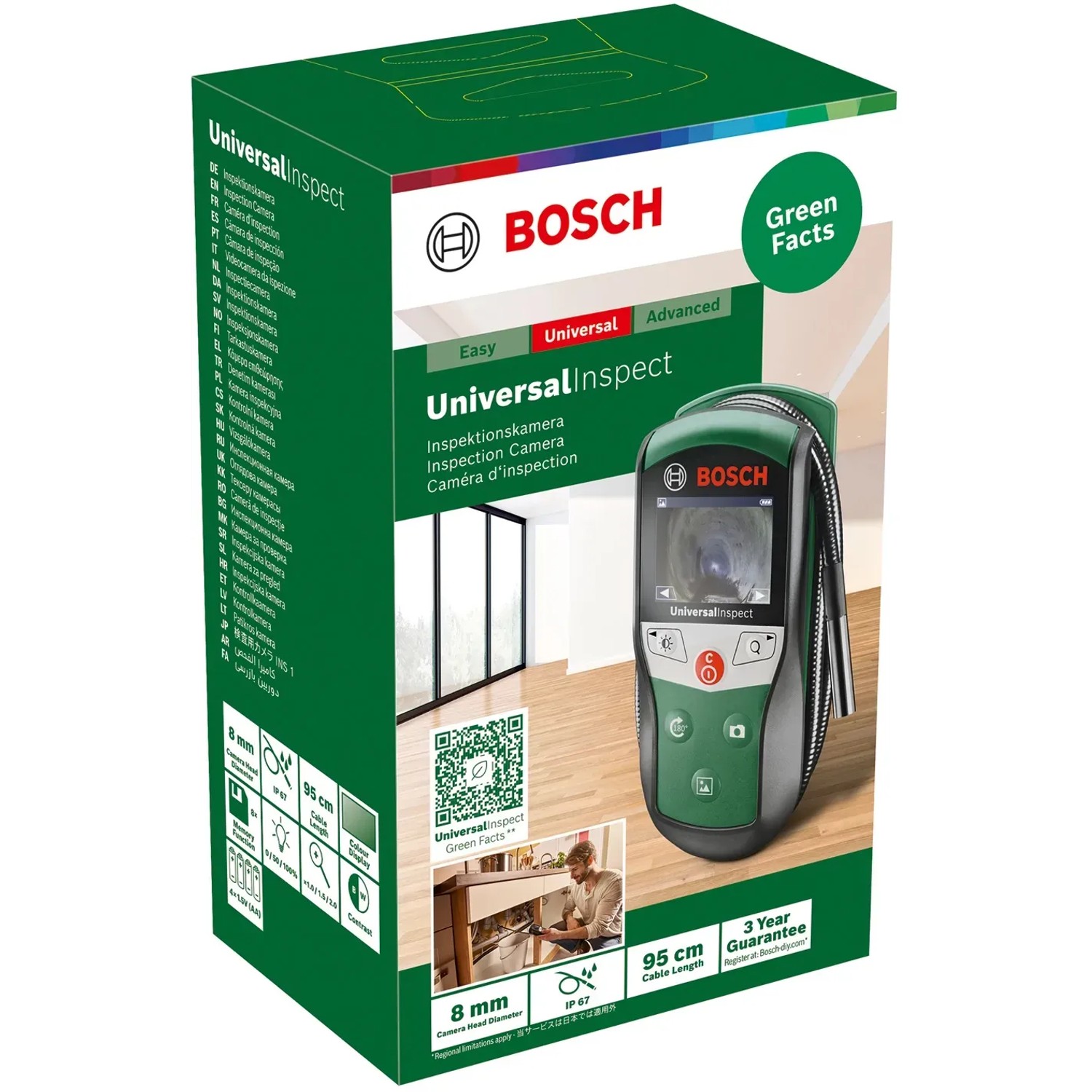 Bosch UniversalInspect Inspektionskamera mit 95 cm Kabel und Zubehör im grünen Karton.