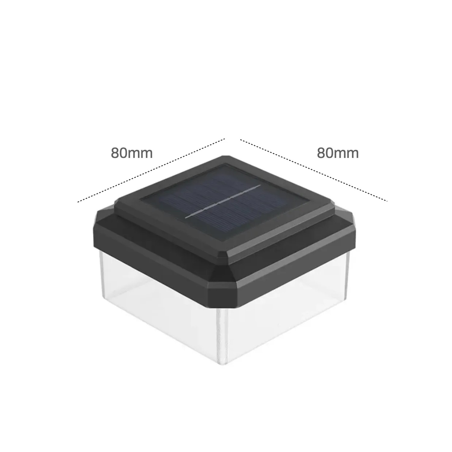 Schwarze 80x80mm Solar Zaunleuchte mit Solarpanel und transparentem Gehäuse für Zaunpfosten. LED Beleuchtung.