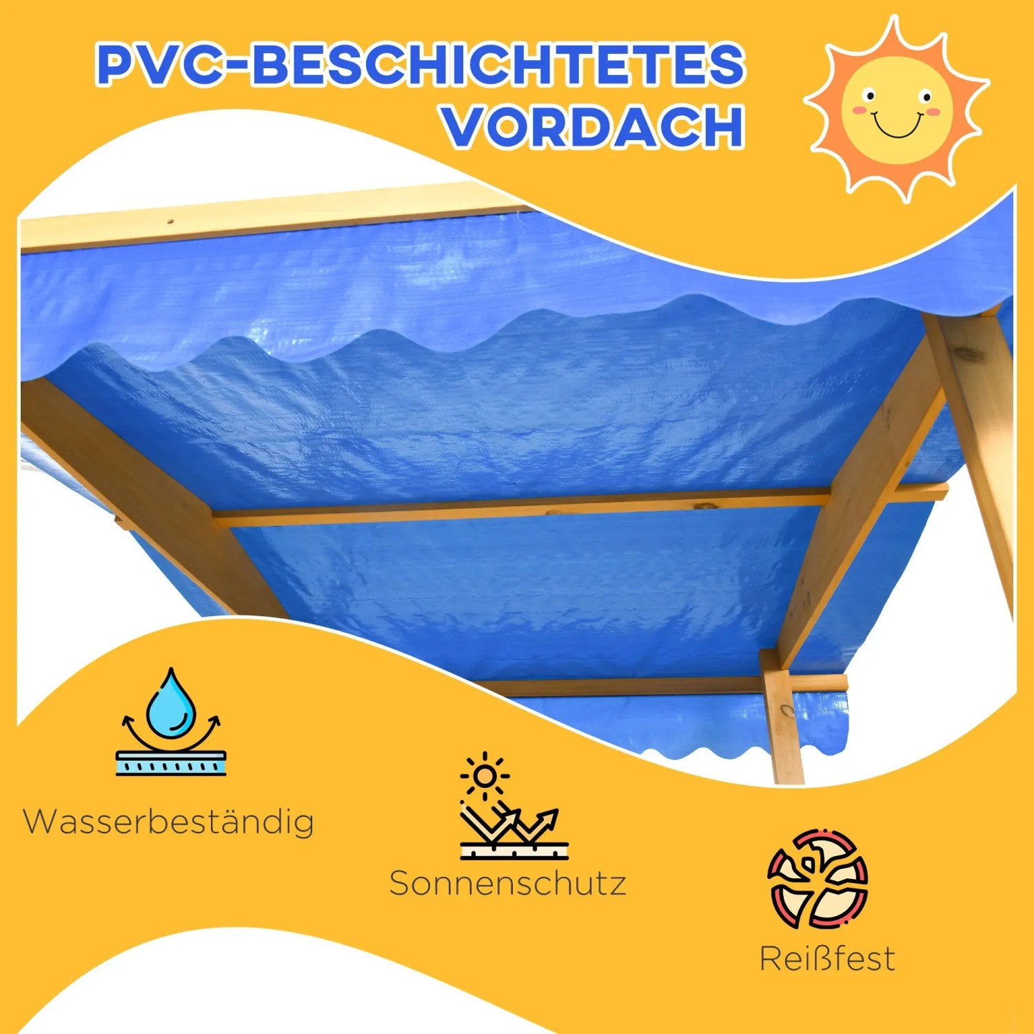 Detailansicht des blauen Dachs vom Outsunny Sandkasten mit Sonnenschutz.