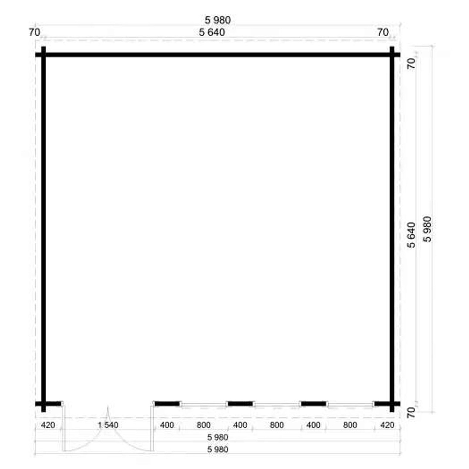 Grundriss Alpholz Gartenhaus Atrium D, 600x625cm, Pultdach, unbehandelt. Maße und Details.