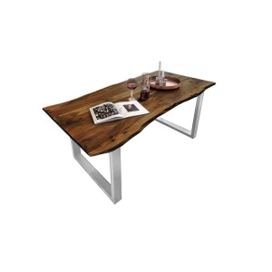 SAM Esstisch Baumkante Akazie Nussbaum, 180x90 cm, mit silberfarbenem U-Gestell.