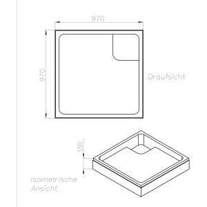 Technische Zeichnung Ottofond Wannenträger Aruba 100x100 cm, Draufsicht und isometrische Ansicht.