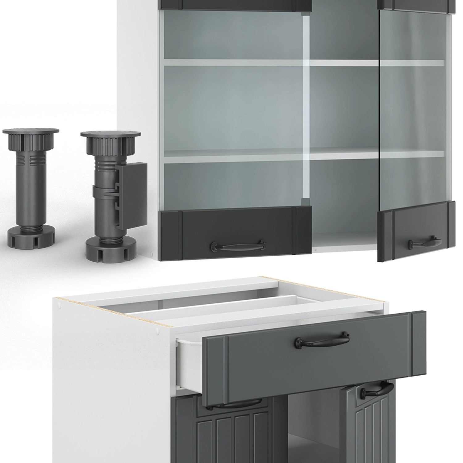 Vicco Fame-Line Singleküche, 140 cm, Anthrazit/Weiß, ohne Arbeitsplatte. Details von Ober- und Unterschrank.