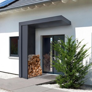 Gutta Depot passend zu Vordach BS + BS Plus, mit Holz gefüllt. Praktischer Stauraum am Hauseingang.