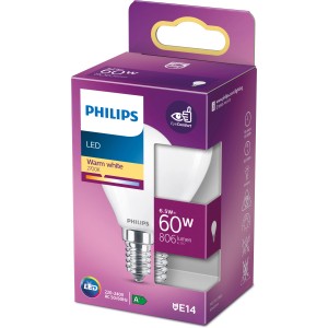 Philips LED-Lampe E14 Tropfenform, 6,5W, 806lm im Karton. Warmweißes Licht.