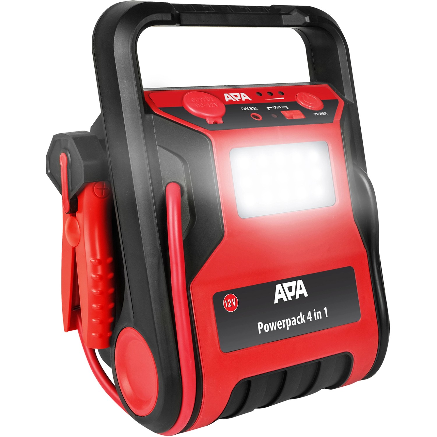 APA Starthilfe Powerpack 300A mit Kompressor, 12V Steckdose, USB-Anschluss und Arbeitsleuchte.