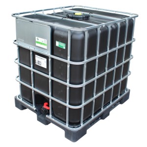Schwarzer IBC Tank 1000 l auf Kunststoffpalette mit Stahlrahmen. UV-geschützter Wasserbehälter, stapelbar.