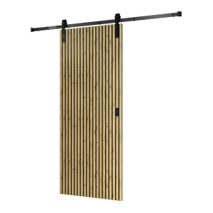 Radex Schiebetür-Komplettset Akustikpaneel Lamette, 95x210 cm, mit Lamellen-Design und schwarzer Schiene.