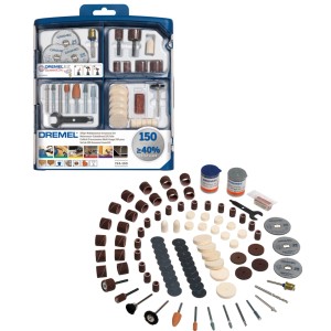 Dremel Mehrzweck-Zubehörset 150 Teile in blauer Box, mit Schleif-, Polier- und Trennwerkzeugen ausgebreitet.