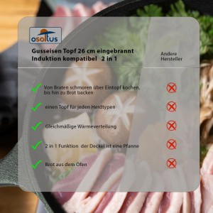 osoltus Kombi Topf  2 in 1 aus Gusseisen 26 cm Bräter & Bratpfanne als Deckel