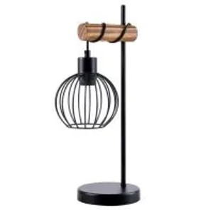 Vintage Tischlampe aus schwarzem Metall mit Holzstange und rundem Käfigschirm. E27 Nachttischlampe im Industriedesign.