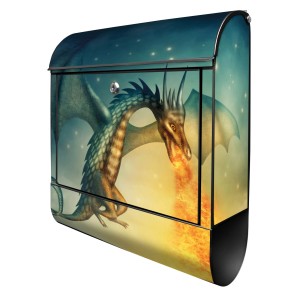 Banjado Design Briefkasten mit Drachen Motiv, schwarz pulverbeschichtet, mit Zeitungsfach.