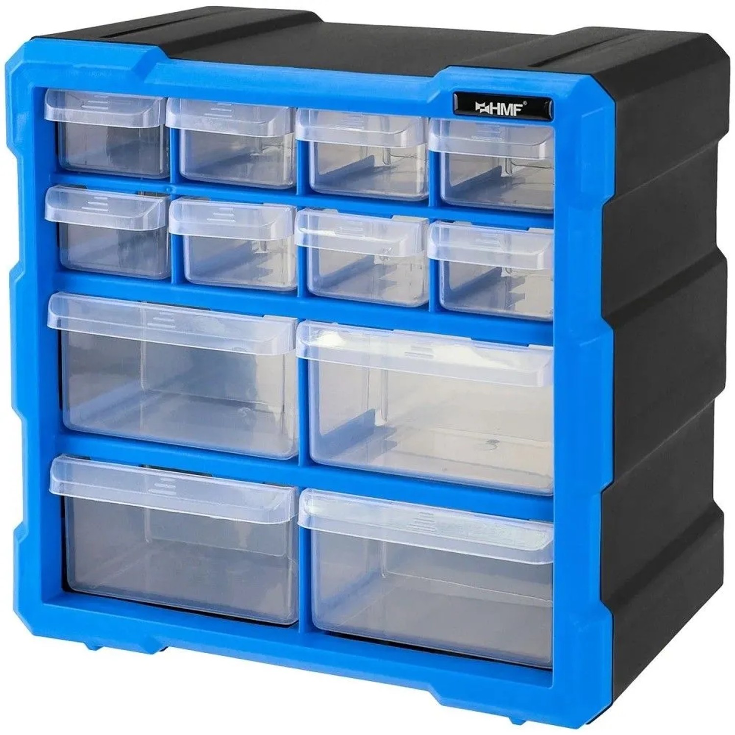 HMF STK100-07-05 Sortierbox Für Kleinteile Mit 12 Schubladen Sortimentskasten Für Schrauben Und Werkzeug 24 Fächer 265 x 265 x 160 mm
