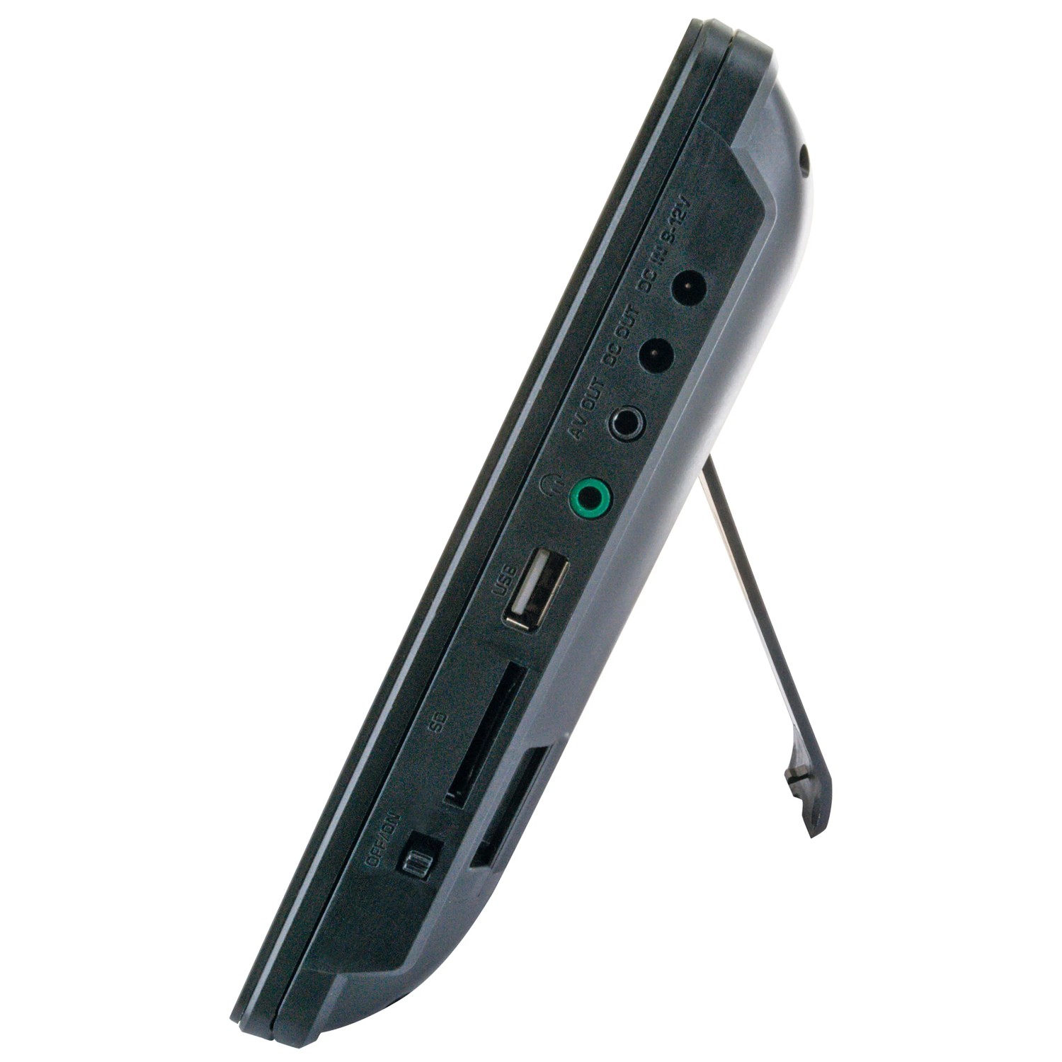 Schwaiger Monitor-Set für Auto, tragbare Bildschirme mit Anschlüssen und ausklappbarem Standfuß.