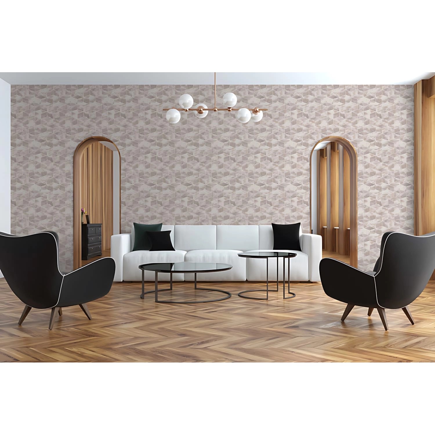 PROFHOME Grafik Tapete in Rosa, Gold und Weiß mit geometrischem Muster im Wohnzimmer.