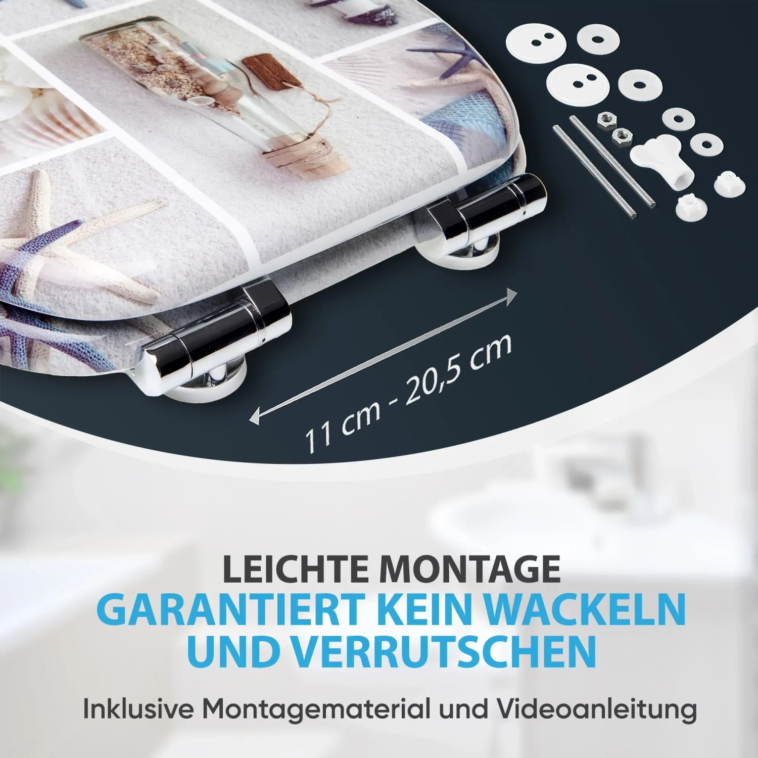 Sanilo WC-Sitz Meeresbrise mit Absenkautomatik, Dekor mit Strandmotiven und Montagezubehör.