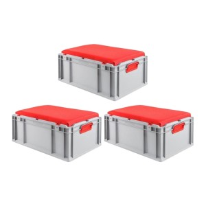 SparSet: 3 graue Euroboxen mit rotem Sitzkissen, 44 Liter, als Transport- und Sitzboxen.