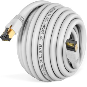 Weißes hb-digital CAT 8.1 Patchkabel (10m) mit RJ45 Stecker, aufgerollt.